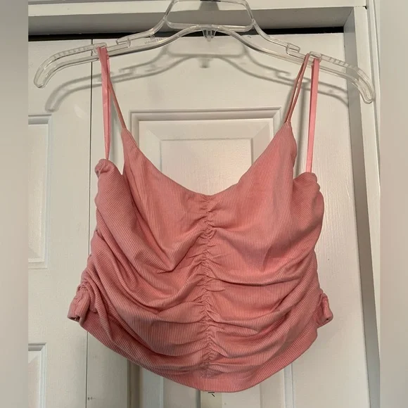 She + Sky Top Pink Shirred Ruched Ribbed Cropped Cami Style NWT M #2361 - Picture 2 of 6